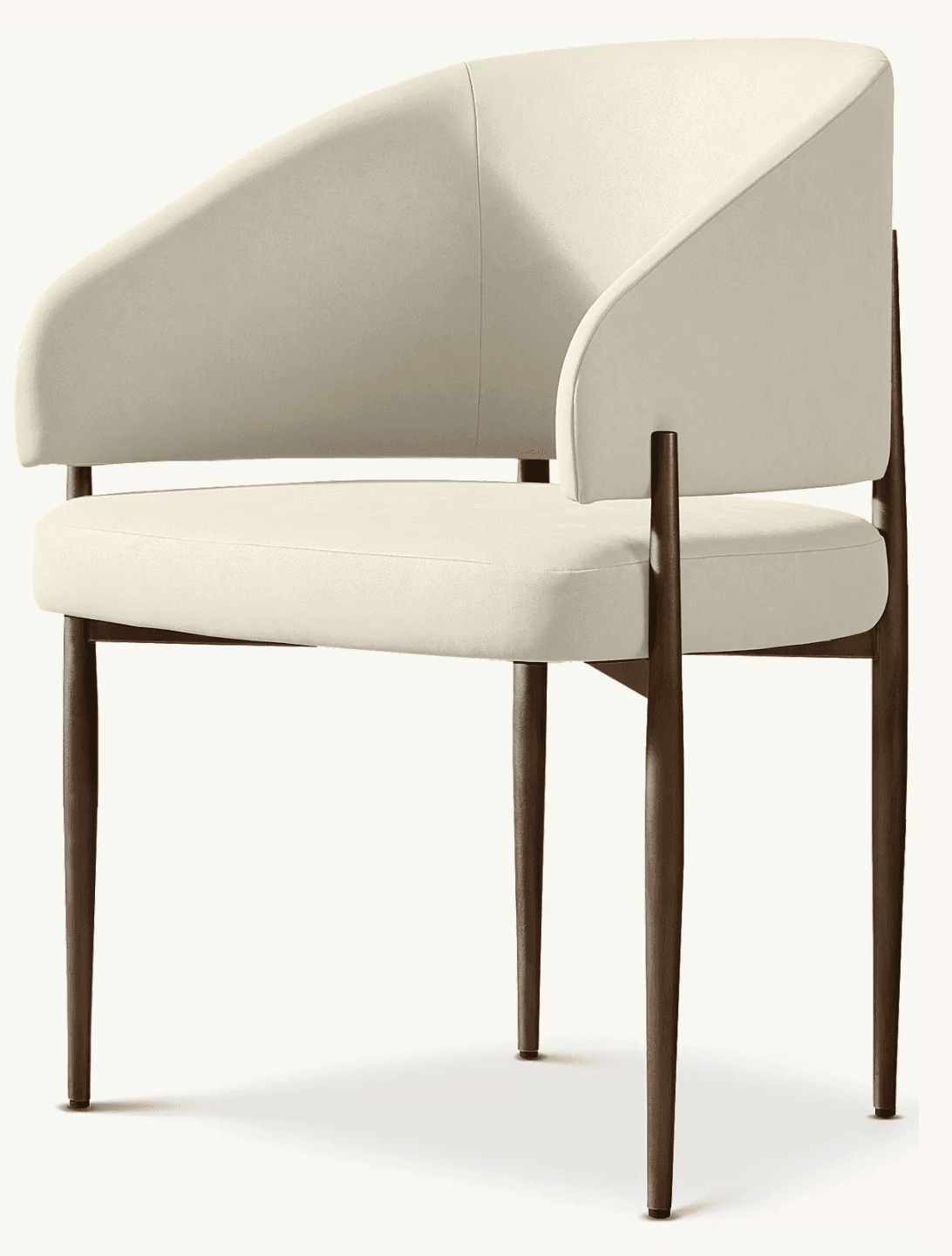 A contemporary upholstered armchair featuring a curved backrest that seamlessly integrates into partial armrests, and supported by slender tapered legs. — 3D model