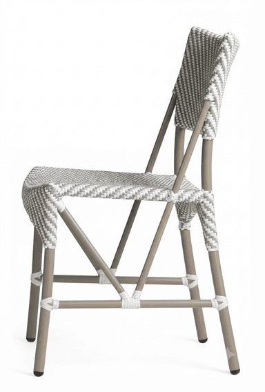 A bistro-style side chair featuring a frame designed to mimic bamboo, and a seat and backrest woven from synthetic rattan in a two-tone checkered pattern. The chair has a gently curved back for ergonomic support. — 3D model