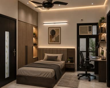 A modern platform bed with a dark wood frame, featuring an extended headboard panel upholstered with vertical channel tufting in a light beige fabric. A floating nightstand with a single drawer is integrated into the headboard. — 3D model