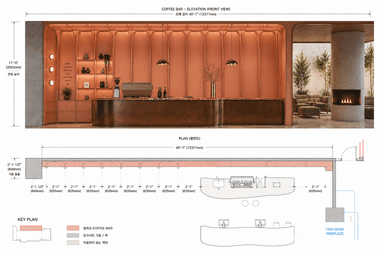 A modern counter unit, likely for a cafe or bar, featuring a curved marble countertop with integrated sink and espresso machine. The unit has a salmon-pink frame with vertical slat detailing and a lower section finished in a brushed bronze metal. Shelving and drawers are incorporated into the rear structure. — 3D model