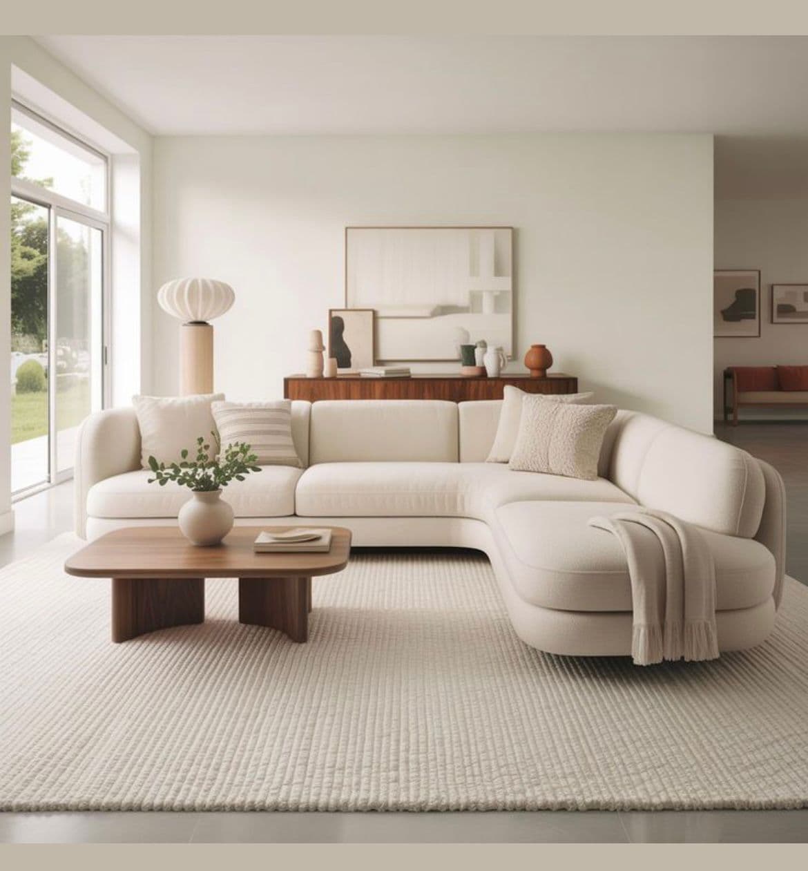 A contemporary sectional sofa with a curved chaise lounge extension. The sofa features plush cushioning, rounded armrests, and is upholstered in a textured, light-colored fabric. It is complemented by several throw pillows, two of which have striped patterns, and a folded throw blanket draped over the chaise. — 3D model