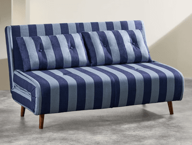 A two-seater sofa upholstered in a striped fabric featuring alternating bands of dark blue and light blue. The sofa has a low profile and is supported by four tapered wooden legs. Two lumbar pillows with button tufting are placed on the backrest. The upholstery appears to be a textured fabric, possibly linen or a blend. — 3D model