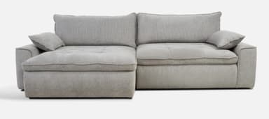 A sectional sofa featuring a chaise lounge. The sofa has a low profile with deep seating. It includes multiple throw pillows and is upholstered in a textured gray fabric. The construction appears modern and modular. — 3D model