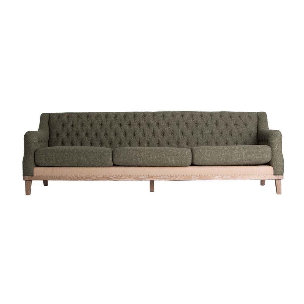 A three-seater sofa with a high back and arms. The backrest and seat cushions feature deep button tufting. The base of the sofa is constructed from a light-colored wood frame with a visible grain and is supported by four tapered wooden legs. — 3D model
