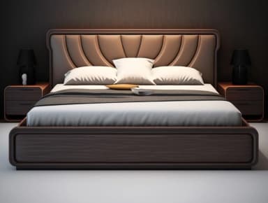 A modern platform bed featuring a dark wood frame and a distinctive upholstered headboard. The headboard is composed of individual, padded panels in a light brown or tan color, arranged in a wave-like or scalloped pattern. The bed is presented with white bedding and a dark gray throw blanket. — 3D model