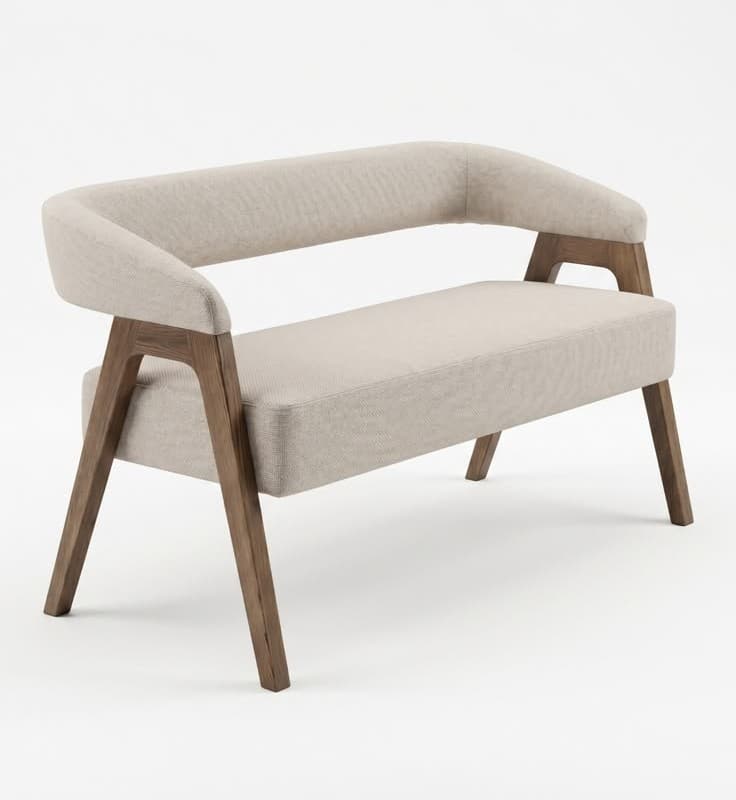 A modern upholstered loveseat or settee with a light beige fabric finish and a visible wooden frame. It features a continuous curved backrest that seamlessly transitions into integrated armrests. The seat is a rectangular upholstered cushion, supported by four splayed wooden legs with a medium brown finish. The overall design suggests a contemporary aesthetic. — 3D model