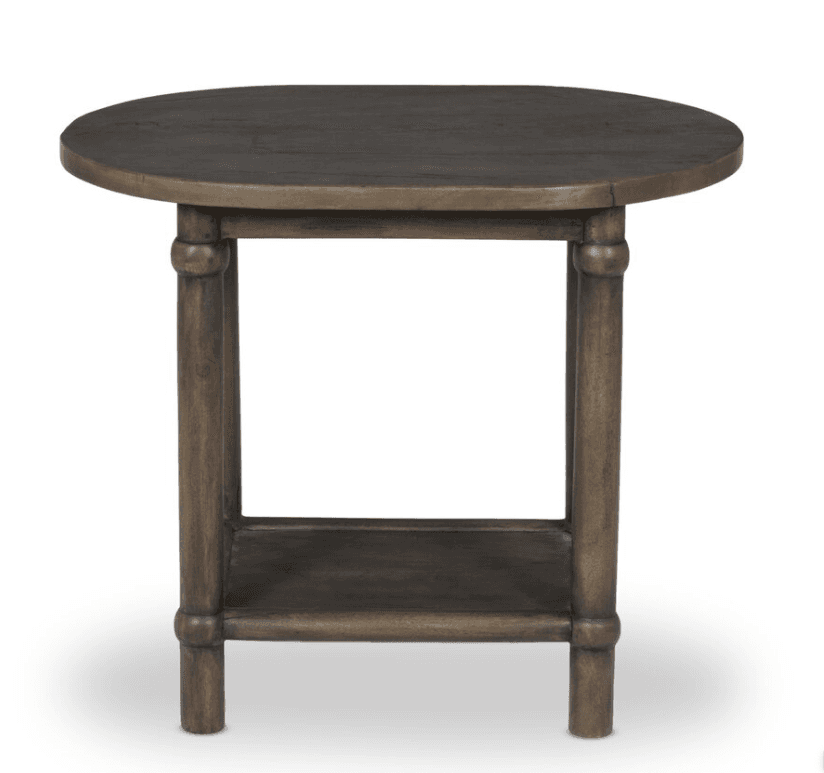 A small dark brown wooden side table featuring an oval top, four turned legs, and a practical lower storage shelf, presented against a white background. — 3D model