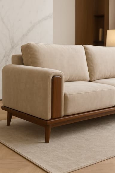 A modern two-seater sofa featuring a minimalist design, beige fabric upholstery, and a dark wood exposed frame with tapered legs. The sofa includes two seat cushions and two back cushions. — 3D model
