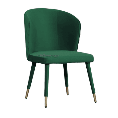 A contemporary accent chair upholstered in emerald green velvet. It features a gently curved, high back and a padded seat. The chair is supported by four slender, tapered legs made of metal with a brass finish at the foot of each leg. — 3D model