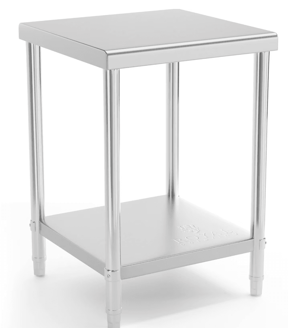 A compact, square side table constructed entirely of brushed stainless steel. It features a flat top surface and a lower shelf, both supported by four cylindrical legs. The design is minimalist and functional, suitable for commercial or industrial environments. — 3D model