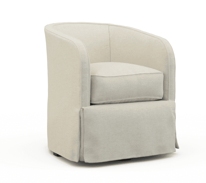 A cream-colored armchair with a rounded back and arms. The armchair features a plush seat cushion and a skirted base that drapes to the floor. The upholstery appears to be a textured fabric. — 3D model