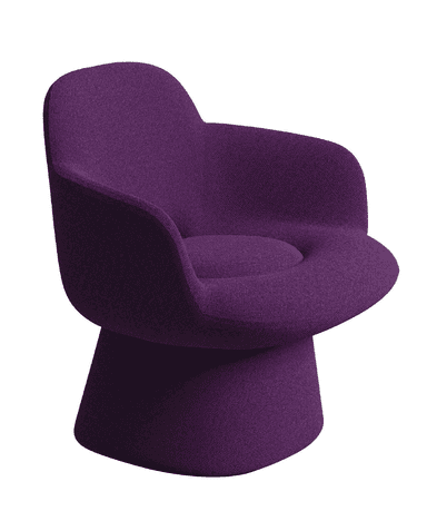 A contemporary lounge chair featuring a deep purple fabric upholstery. The chair has a distinctive sculptural form with an enveloping backrest and integrated armrests, providing a comfortable, cocoon-like seating experience. It sits on a sturdy, conical pedestal base, fully upholstered to match the rest of the chair. The design emphasizes organic curves and a sleek, modern aesthetic. — 3D model