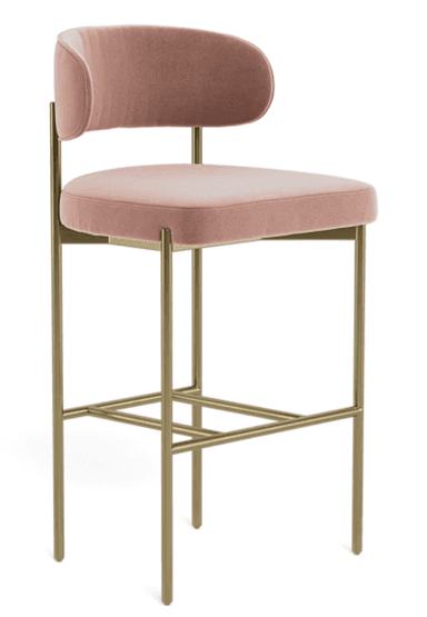 A modern bar stool featuring a rounded upholstered backrest and a padded seat cushion, both covered in a dusty rose velvet fabric. The frame is constructed from slender, tubular metal with a golden or brass finish, incorporating an integrated rectangular footrest. The design is sleek and minimalist, suitable for contemporary interiors. — 3D model