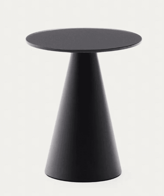 A minimalist side table featuring a circular top and a conical pedestal base, finished in matte black. The design emphasizes clean lines and a monolithic form, suggesting a contemporary aesthetic. — 3D model