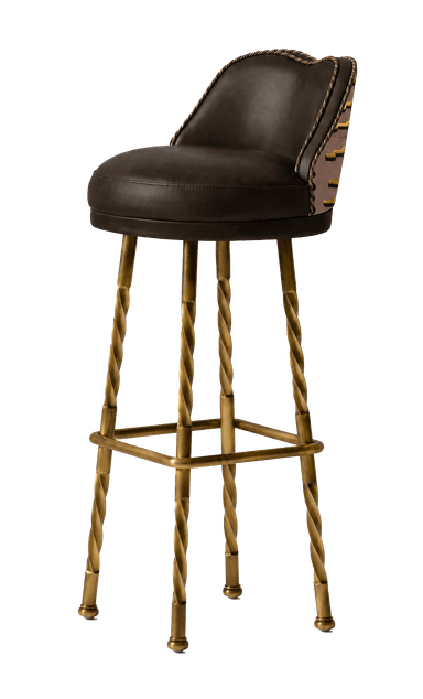A high-backed bar stool featuring a rich brown leather upholstered seat and a curved backrest covered in a patterned fabric with gold geometric motifs. The seat is circular, and the backrest is trimmed with a braided cord detail. The stool stands on four intricately twisted, brass-toned metal legs, connected by a square footrest for stability and comfort. The overall design suggests a blend of industrial and eclectic aesthetics. — 3D model