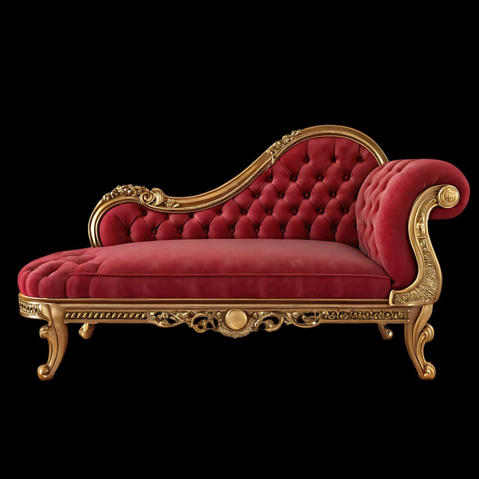 An opulent chaise lounge featuring a richly carved, gilded wooden frame and deep red velvet upholstery. The backrest and the rolled end are deeply tufted with buttons, creating a luxurious diamond pattern. The frame exhibits intricate rococo-style scrollwork and decorative motifs, particularly along the apron and armrest, supported by elegant cabriole legs. The overall design emphasizes grandeur and comfort for reclining. — 3D model