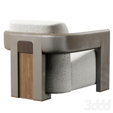A contemporary armchair featuring a textured boucle upholstery in an off-white color. The armchair has a distinctive design with angular, wide armrests and a backrest that appears to be a single, continuous piece. The armrests are constructed from a smooth, solid material, possibly wood or a composite, finished in a muted taupe or grey tone. The base and legs are integrated into the armrest structure and are of a similar material and color. — 3D model