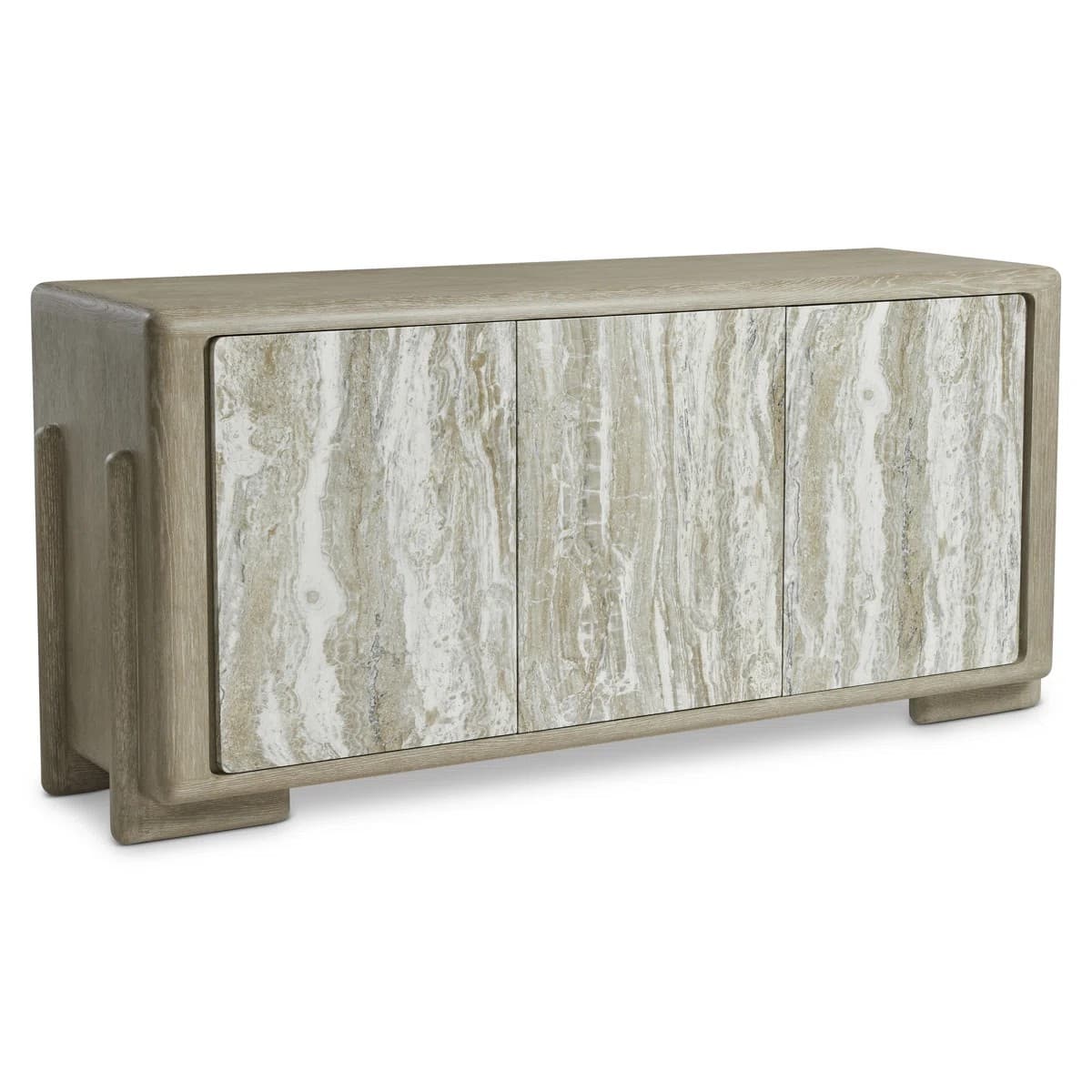 A contemporary credenza featuring a light-toned wooden frame with rounded corners and three inset doors faced with natural travertine stone. The piece rests on a recessed plinth base, with distinctive reeded details on the side supports. — 3D model