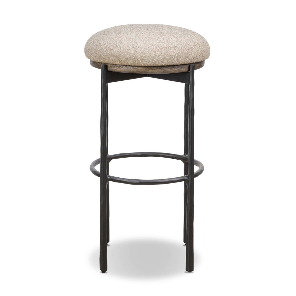 A bar stool with a round, upholstered seat and a dark, textured metal base. The base features four legs connected by a circular footrest. The seat appears to be made of a textured fabric in a neutral tone, and the base has an organic, slightly irregular form. — 3D model