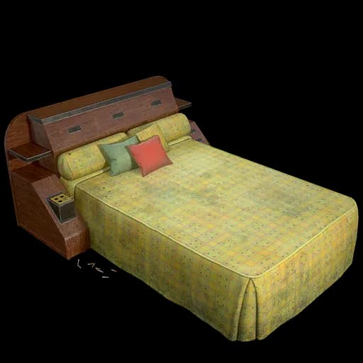 A double bed with a wooden headboard unit that incorporates shelving and storage compartments. The bed itself is covered with a yellow patterned comforter, and it has several pillows, including two bolster pillows and two accent pillows in green and red. — 3D model