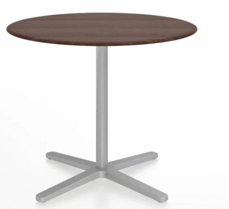 A contemporary round table featuring a dark brown wood-grain top and a silver metal pedestal base with a four-star leg design. — 3D model