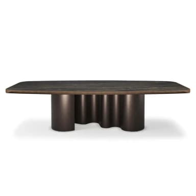 A rectangular coffee table with rounded corners, featuring a dark marble top with subtle white and gold veining. The base consists of two distinct, dark-colored cylindrical supports with a wave-like connection between them, giving a sculptural appearance. — 3D model