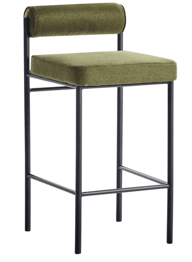 A contemporary bar stool featuring a metal frame and upholstered seat and backrest. The frame consists of four slender legs connected by crossbars for stability. The seat is a padded rectangular cushion, and the backrest is a curved, padded element supported by the frame. The upholstery has a textured finish. — 3D model