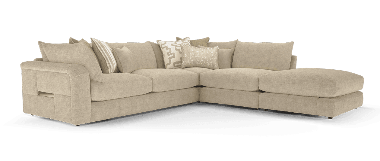 A sectional sofa with a chaise lounge section. It features multiple plush cushions and is upholstered in a textured, light-colored fabric. The design appears modern and comfortable, with clean lines and a deep seat. — 3D model