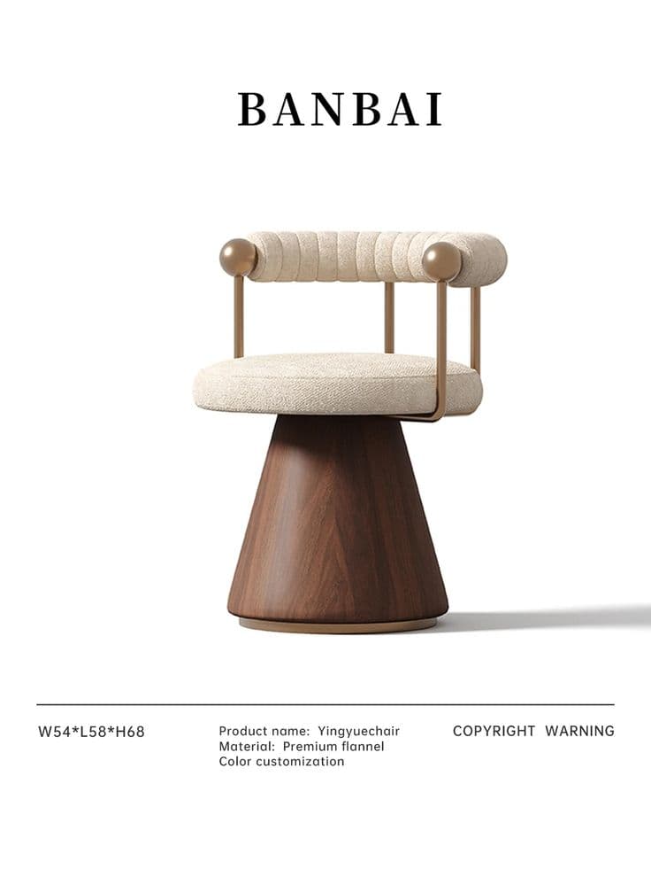 A contemporary lounge chair featuring a wide, round, upholstered seat and a channeled backrest, supported by a flared conical wooden pedestal base. The backrest is framed by thin metal rods culminating in spherical brass accents at the ends of the U-shaped armrests. — 3D model