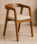 A modern armchair featuring a solid wood frame with a natural finish and an upholstered seat in a neutral, light color. The backrest is gently curved and seamlessly integrates with the armrests, creating a cohesive and minimalist design. The legs are straight and slightly tapered. — 3D model
