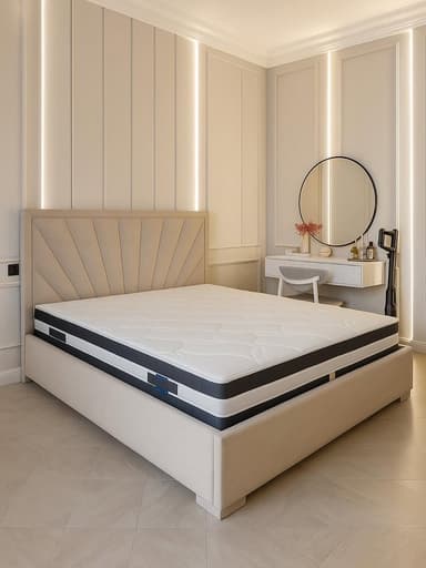 A modern upholstered bed frame featuring a distinctive fan-patterned headboard, paired with a contemporary mattress. The bed frame and headboard are covered in a light, neutral-toned fabric, possibly beige or light grey, with visible stitching defining the fan pleats on the headboard. The mattress has a quilted white top surface and a black and white striped border. The bed frame itself is low-profile and has a simple, rectangular shape, with the mattress sitting directly within its perimeter. — 3D model