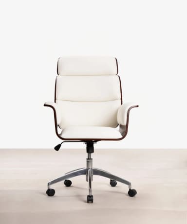 A modern swivel office chair featuring a contoured dark wood veneer shell, white upholstered seating and backrest, and a polished metal five-star base with casters and an adjustable height mechanism. — 3D model