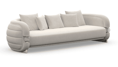 A cream-colored sofa with a curved back and arms. It features five matching throw pillows on the backrest and a plush seat cushion. The arms have a rounded, segmented design with decorative spherical accents made of glass-like material and polished metal trim. The sofa is supported by slender, angled legs. — 3D model