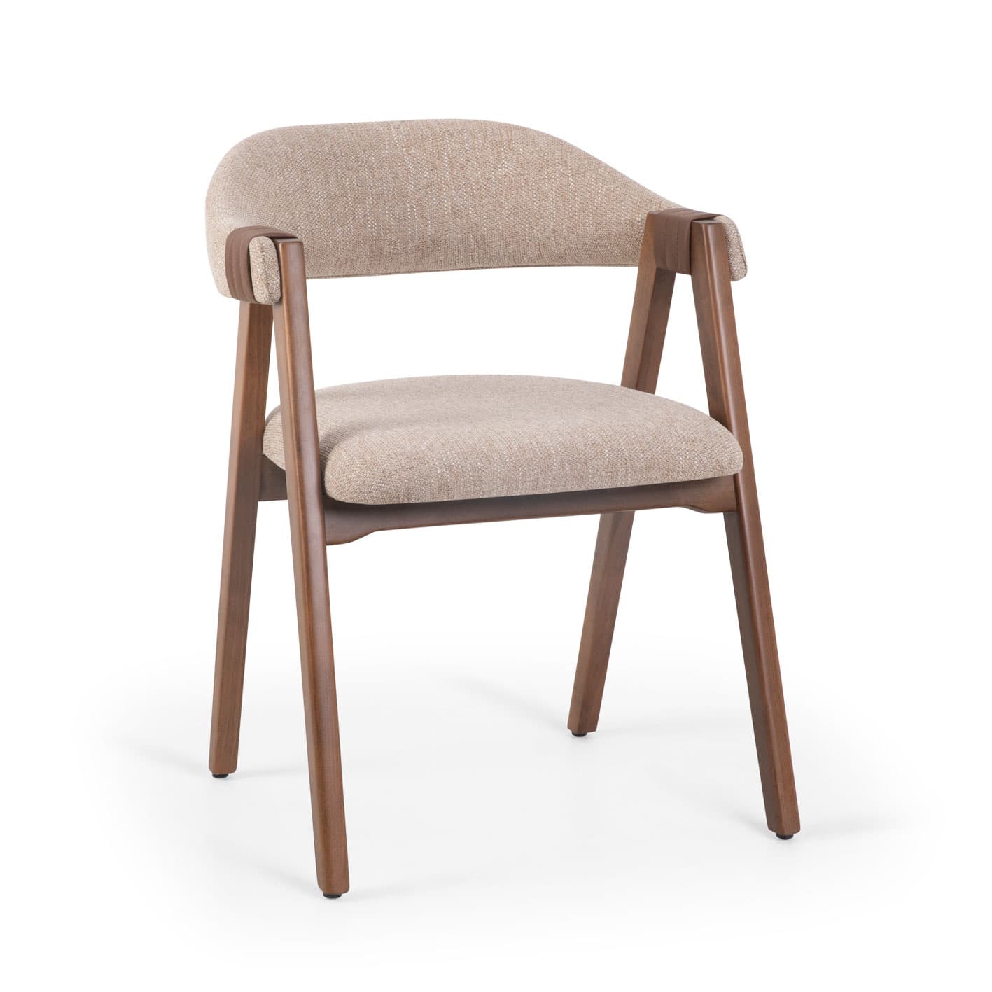 A contemporary dining armchair featuring a solid wood frame with a medium-brown finish, and upholstered seat and backrest in a light beige textured fabric. The backrest is curved and integrates smoothly into short armrests. The legs are tapered. — 3D model