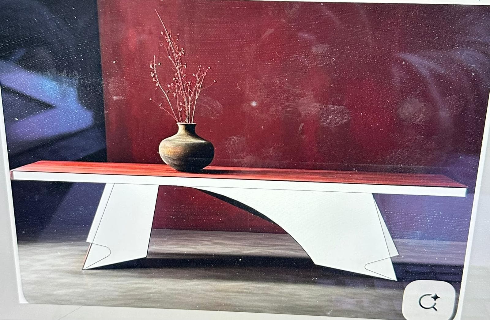 A modern console table with a red wooden top and white geometric legs. The legs have an unusual curved and angled design. A dark-colored vase containing dried branches is placed on the tabletop. — 3D model