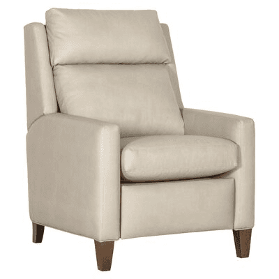 A recliner chair with a high back and plush cushioning. It features padded armrests and a prominent headrest. The chair is supported by four short, tapered wooden legs. — 3D model