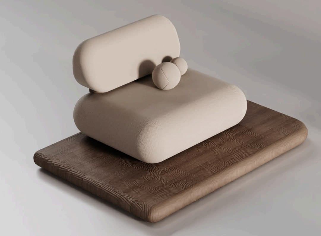 A modern, modular ottoman presented as a stacked composition. The base is a thick, rectangular wooden piece with rounded corners and a textured, wood-grain pattern. Resting on the wood base is a larger, rectangular ottoman cushion with heavily rounded corners and a soft, fabric-like texture. Stacked atop this cushion is a smaller, cylindrical bolster cushion, also with rounded ends and a similar textured finish. Two small, spherical decorative objects are placed on the larger cushion, between the two seating elements. The overall aesthetic is minimalist and abstract. — 3D model