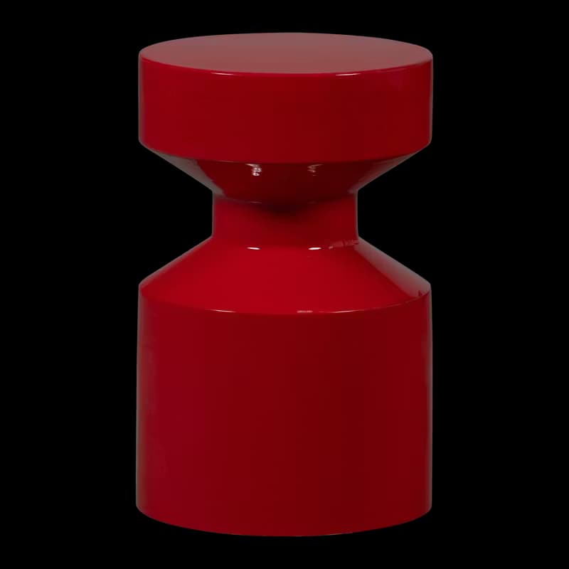 A bright red, hourglass-shaped side table with a smooth, high-gloss finish. The table features cylindrical top and bottom sections connected by a tapered middle section. Its design is minimalist and modern. — 3D model