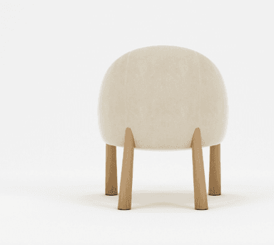 A modern armchair with a rounded, upholstered back and seat, supported by four wooden legs. The legs have a cylindrical shape and taper slightly towards the bottom. The upholstery appears to be a soft, textured fabric. — 3D model