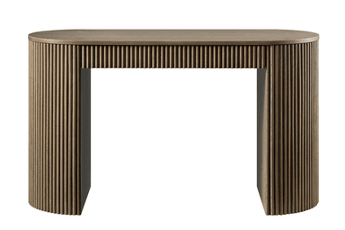 A contemporary semicircular console table crafted from light-toned wood. It features a smooth, half-moon shaped tabletop and two robust, fluted pedestal-style supports that are also rounded on their outer faces, creating a unified and textural aesthetic. The design is minimalist yet detailed, with a consistent wood grain visible across all surfaces. — 3D model