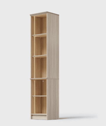 A tall, slender bookshelf constructed from light-toned wood or wood laminate, featuring multiple open shelves for storage and display. The unit has a simple, minimalist design with clean lines and a subtle cornice detail at the top. — 3D model