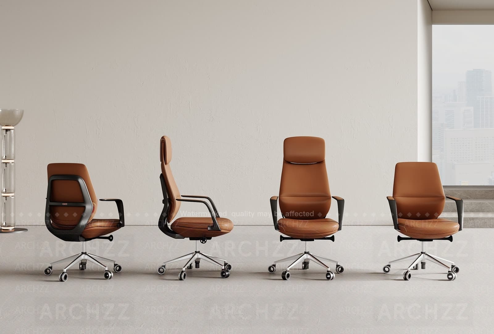 A high-back executive office chair featuring rich brown (cognac) leather upholstery, a padded headrest, and sleek ergonomic design. It includes black-framed armrests with padded tops, all supported by a polished chrome five-star base with black casters for mobility. — 3D model