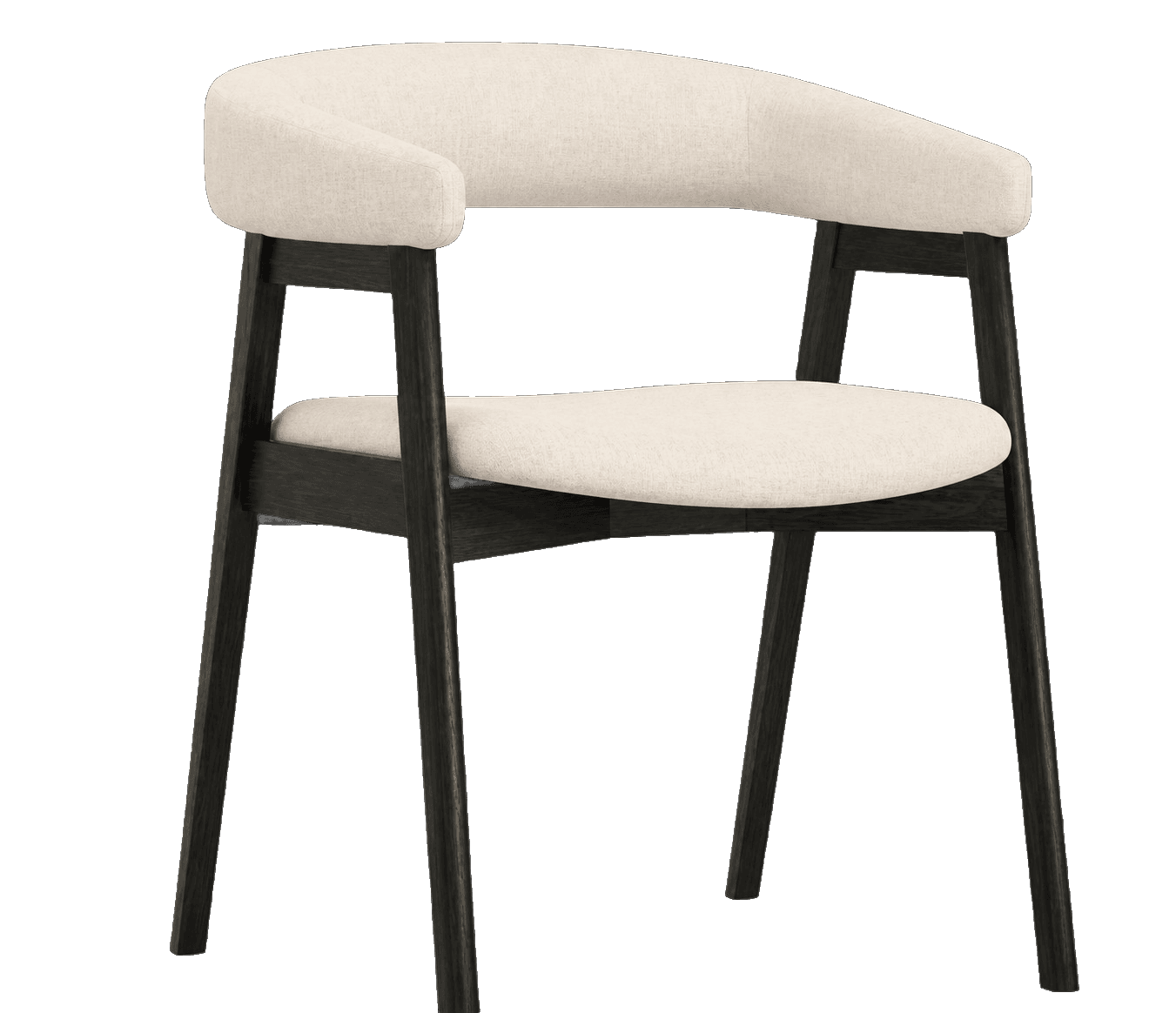 A contemporary armchair featuring a dark-stained wooden frame and light cream upholstered seat and backrest. The backrest seamlessly curves forward to form integrated armrests. — 3D model