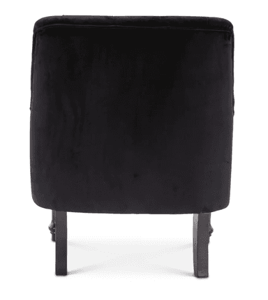 A black velvet tufted armchair featuring rolled arms and turned wooden legs, presented against a white background. The chair's backrest is deeply button-tufted, providing a classic, elegant appearance. The upholstery is a soft, plush velvet material, and the front legs are decoratively turned, contrasting with the simpler, straight rear legs. — 3D model