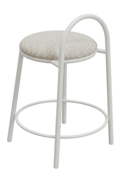 A contemporary bar stool featuring a sleek white metal frame with four tubular legs, a circular footrest, and a curved hoop backrest. The circular seat is upholstered in a light, textured cream or off-white fabric. — 3D model