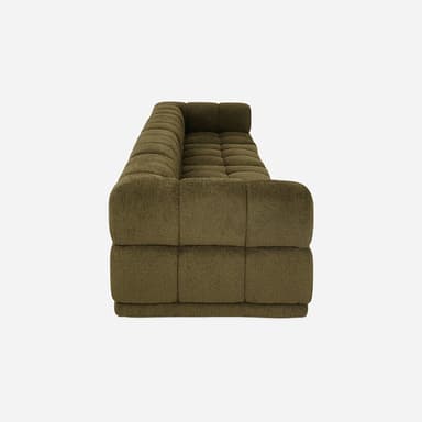 A long, modular sectional sofa featuring a deeply tufted design, upholstered in a textured, dark olive green fabric. It is composed of multiple square-shaped units, including corner pieces that form an L-shape at one end. The sofa has a low-profile, chunky aesthetic. — 3D model
