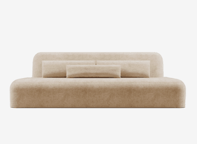 A modern, plush sofa with rounded edges and integrated cushions. It features a deep seat and a unified backrest structure. Three lumbar-style cushions are arranged on the backrest, with two larger ones placed behind a central, smaller one. The upholstery appears to be a textured fabric. — 3D model
