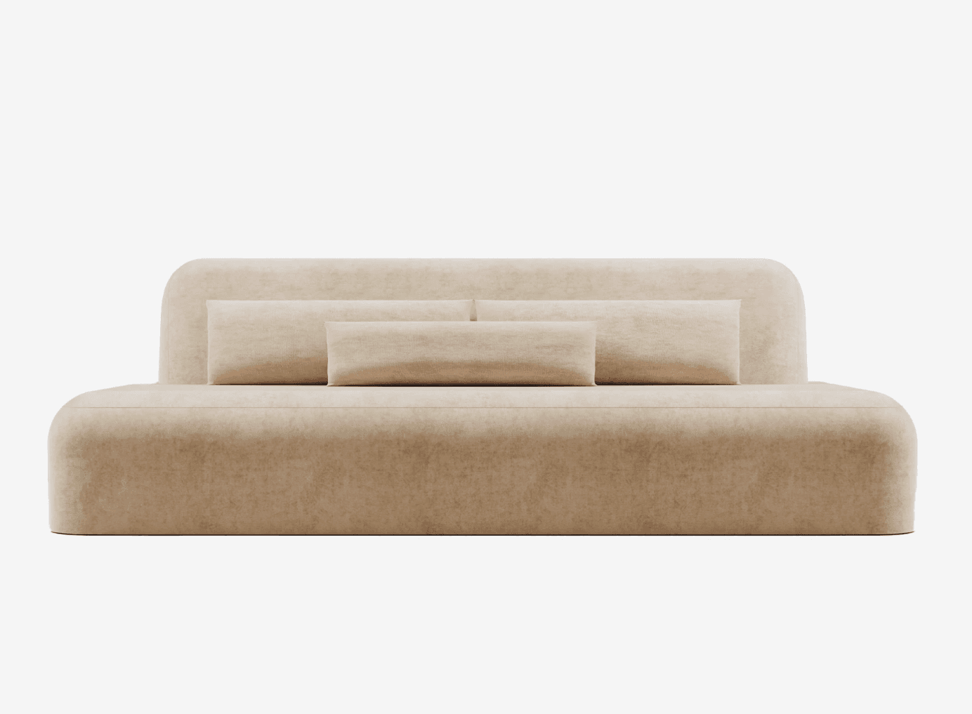 A modern, plush sofa with rounded edges and integrated cushions. It features a deep seat and a unified backrest structure. Three lumbar-style cushions are arranged on the backrest, with two larger ones placed behind a central, smaller one. The upholstery appears to be a textured fabric. — 3D model