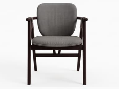 An overhead view of a contemporary armchair featuring a dark stained bentwood frame and grey upholstered seat and backrest. The design is sleek and modern, with the frame forming continuous armrests and supporting the padded elements. — 3D model