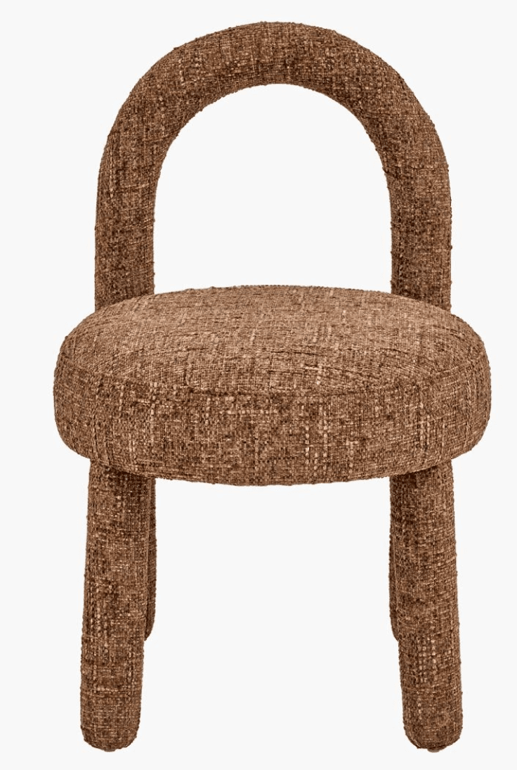A single contemporary chair featuring an arch-shaped backrest, a thick rounded seat, and four cylindrical legs, all seamlessly upholstered in a textured, multi-tonal brown fabric. — 3D model